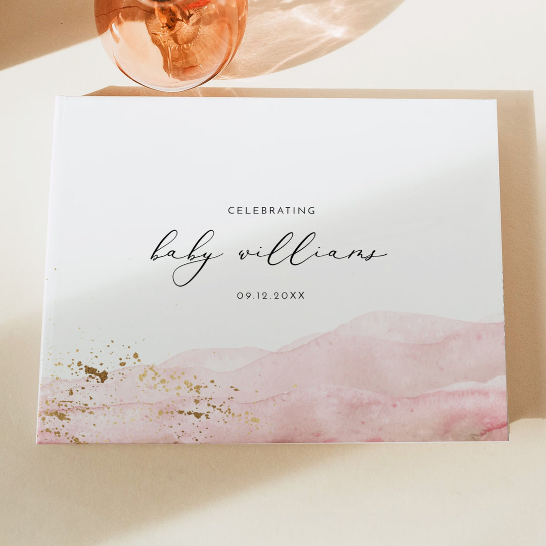 JULIEN Pink Watercolor & Gold Baby Shower Guestbook Keepsake