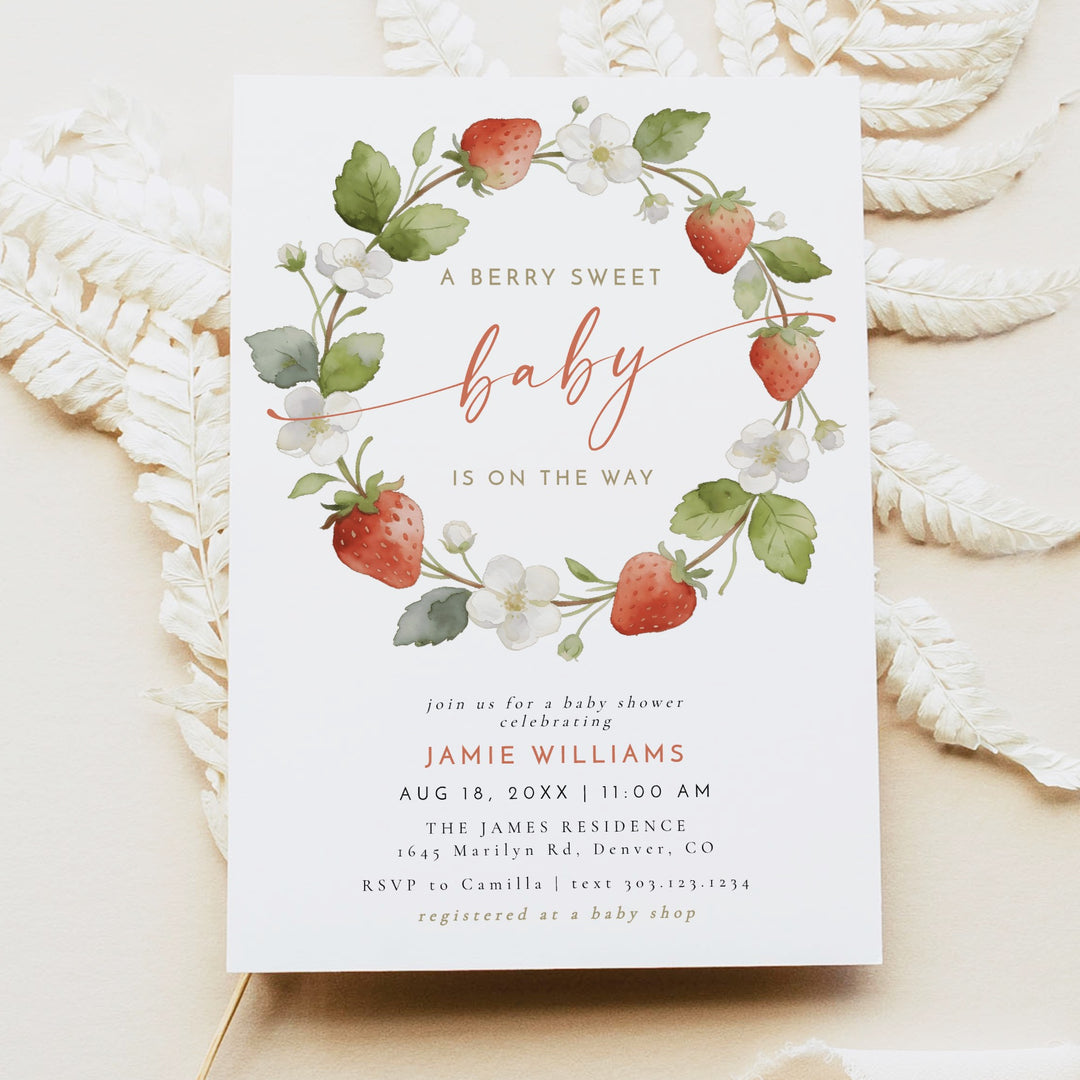 LENORA A Berry Sweet Baby On the Way Strawberry & Floral Baby Shower Invitation