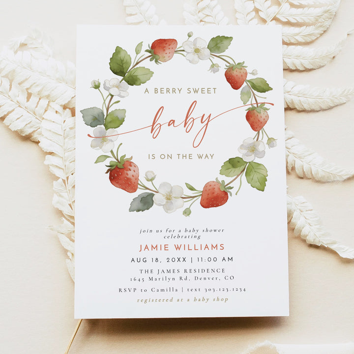 LENORA A Berry Sweet Baby On the Way Strawberry & Floral Baby Shower Invitation