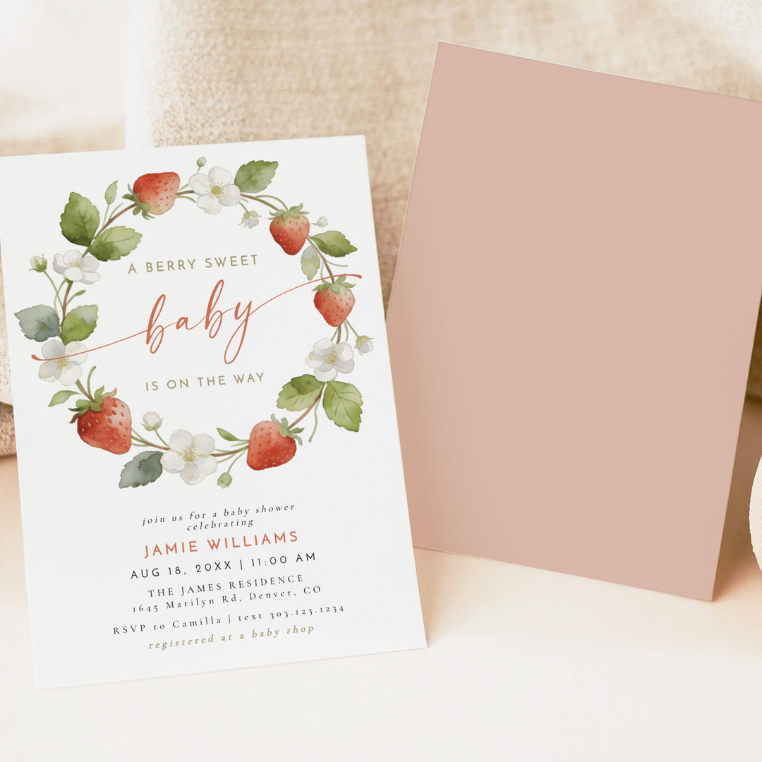 LENORA A Berry Sweet Baby On the Way Strawberry & Floral Baby Shower Invitation
