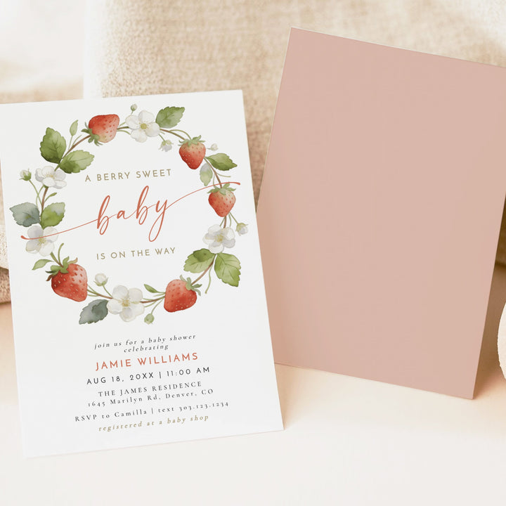 LENORA A Berry Sweet Baby On the Way Strawberry & Floral Baby Shower Invitation