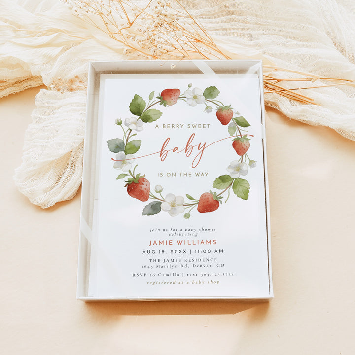 LENORA A Berry Sweet Baby On the Way Strawberry & Floral Baby Shower Invitation