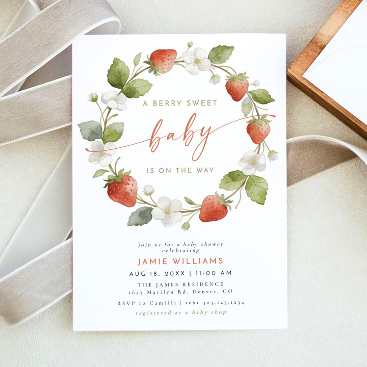 LENORA A Berry Sweet Baby On the Way Strawberry & Floral Baby Shower Invitation
