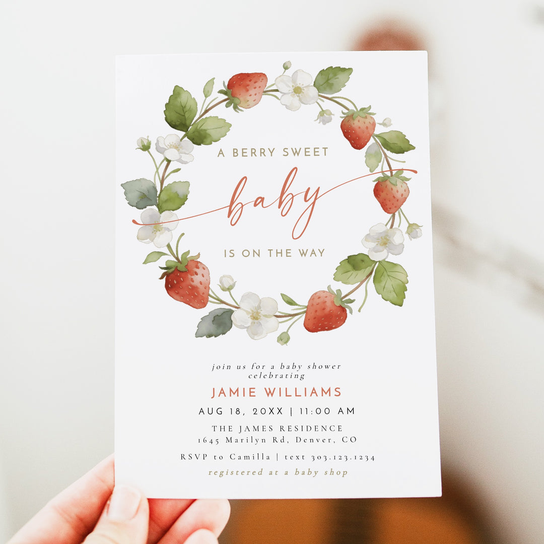 LENORA A Berry Sweet Baby On the Way Strawberry & Floral Baby Shower Invitation