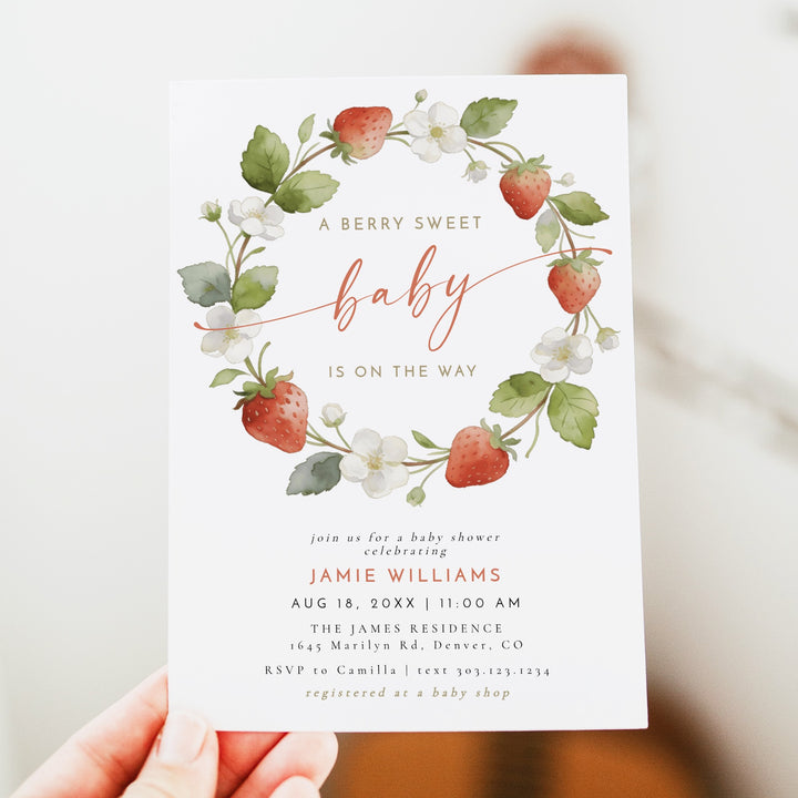 LENORA A Berry Sweet Baby On the Way Strawberry & Floral Baby Shower Invitation