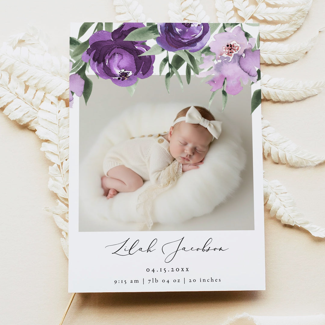 LILAH Purple Floral Baby Girl Birth Announcement Photo Card