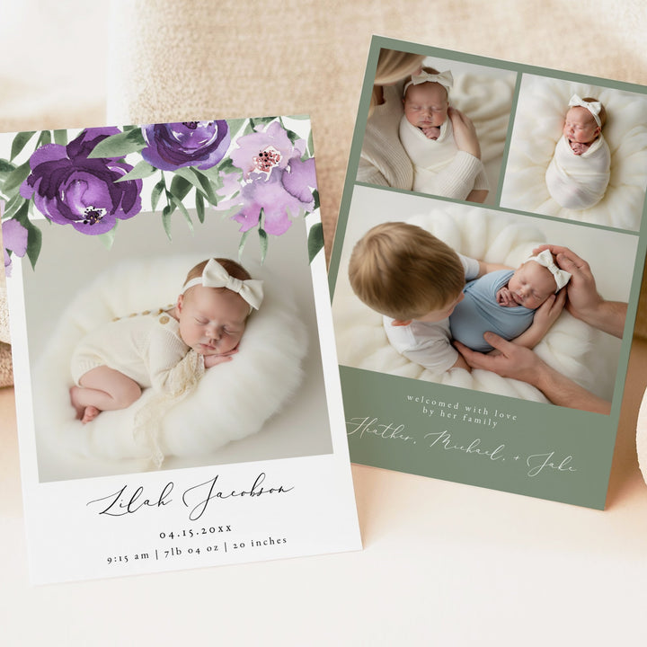 LILAH Purple Floral Baby Girl Birth Announcement Photo Card