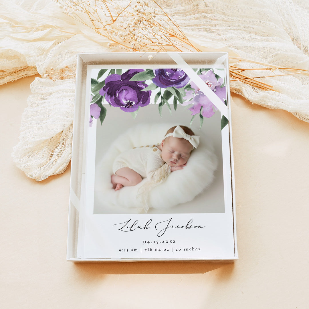 LILAH Purple Floral Baby Girl Birth Announcement Photo Card