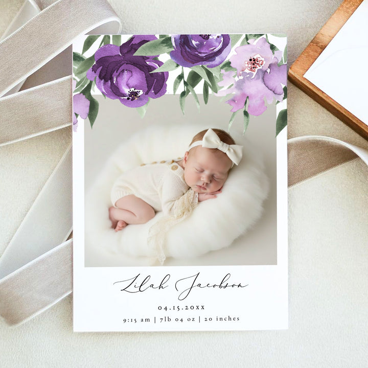 LILAH Purple Floral Baby Girl Birth Announcement Photo Card