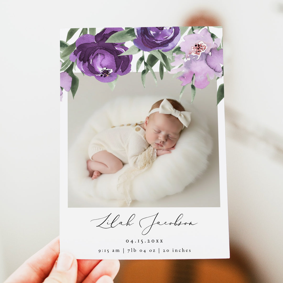 LILAH Purple Floral Baby Girl Birth Announcement Photo Card