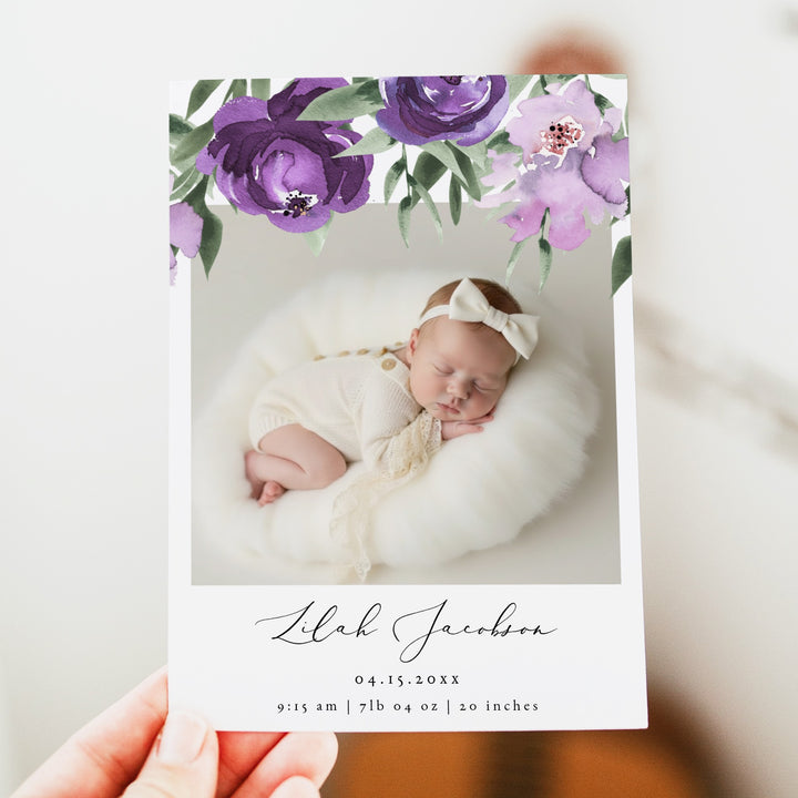 LILAH Purple Floral Baby Girl Birth Announcement Photo Card