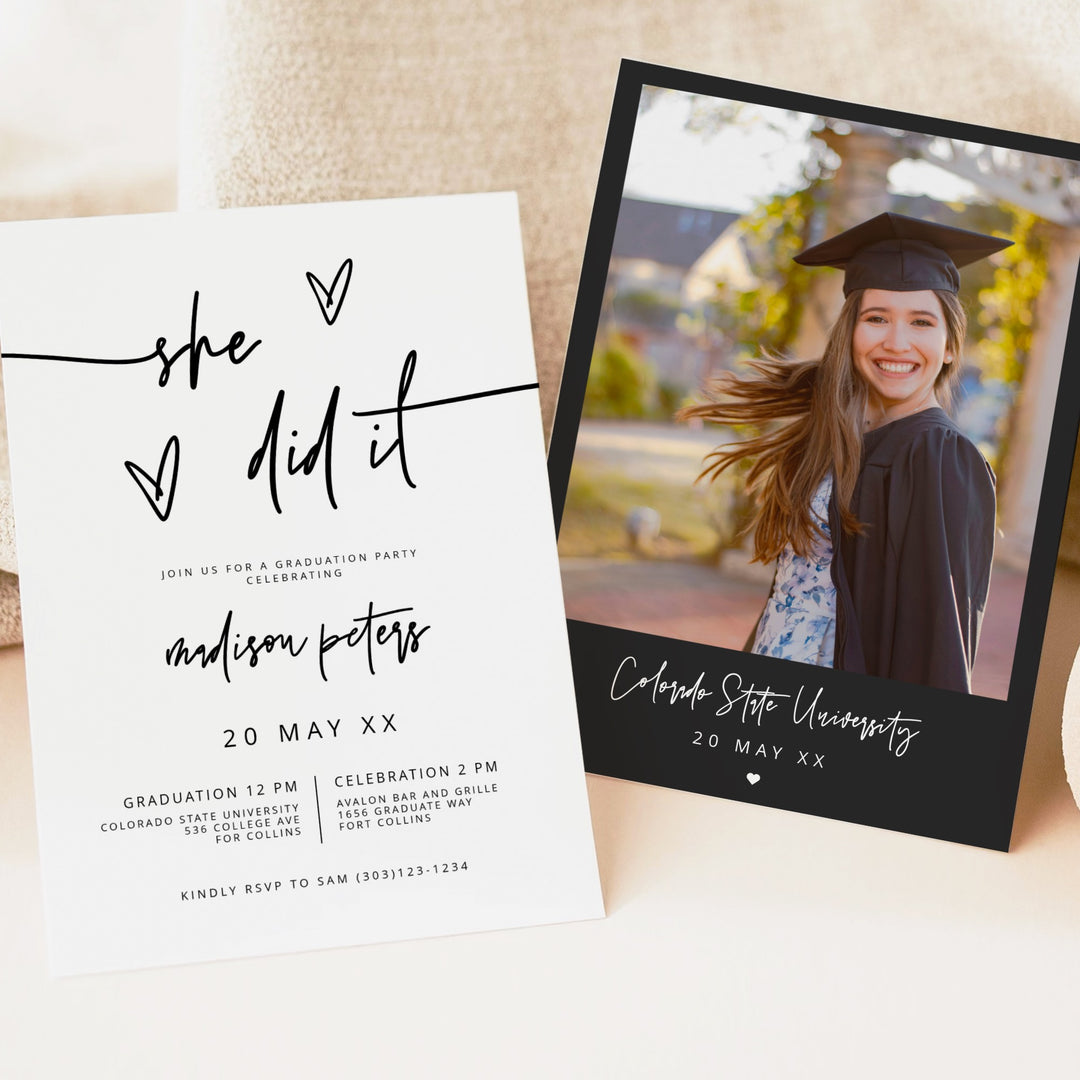 MARLO Black & White Modern Boho Graduation Party Invitation with Photo
