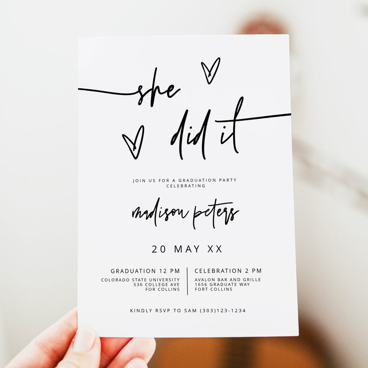 MARLO Black & White Modern Boho Graduation Party Invitation with Photo