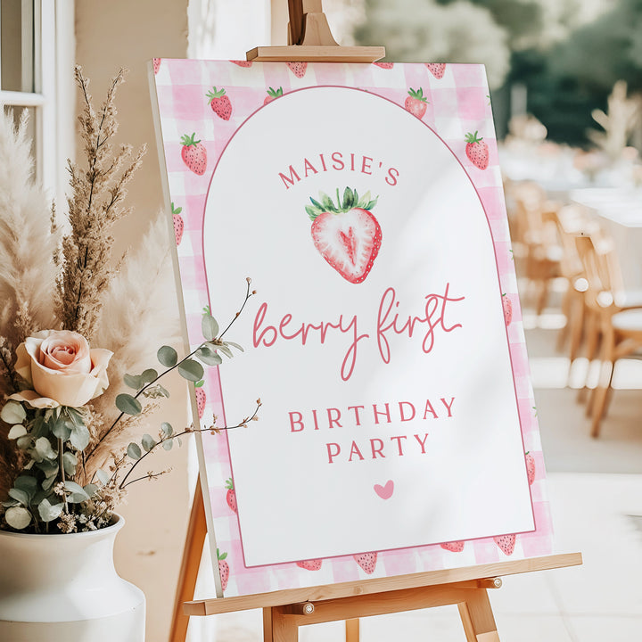 MAISIE Berry First Birthday Strawberry Gingham 1st Birthday Party Welcome Sign