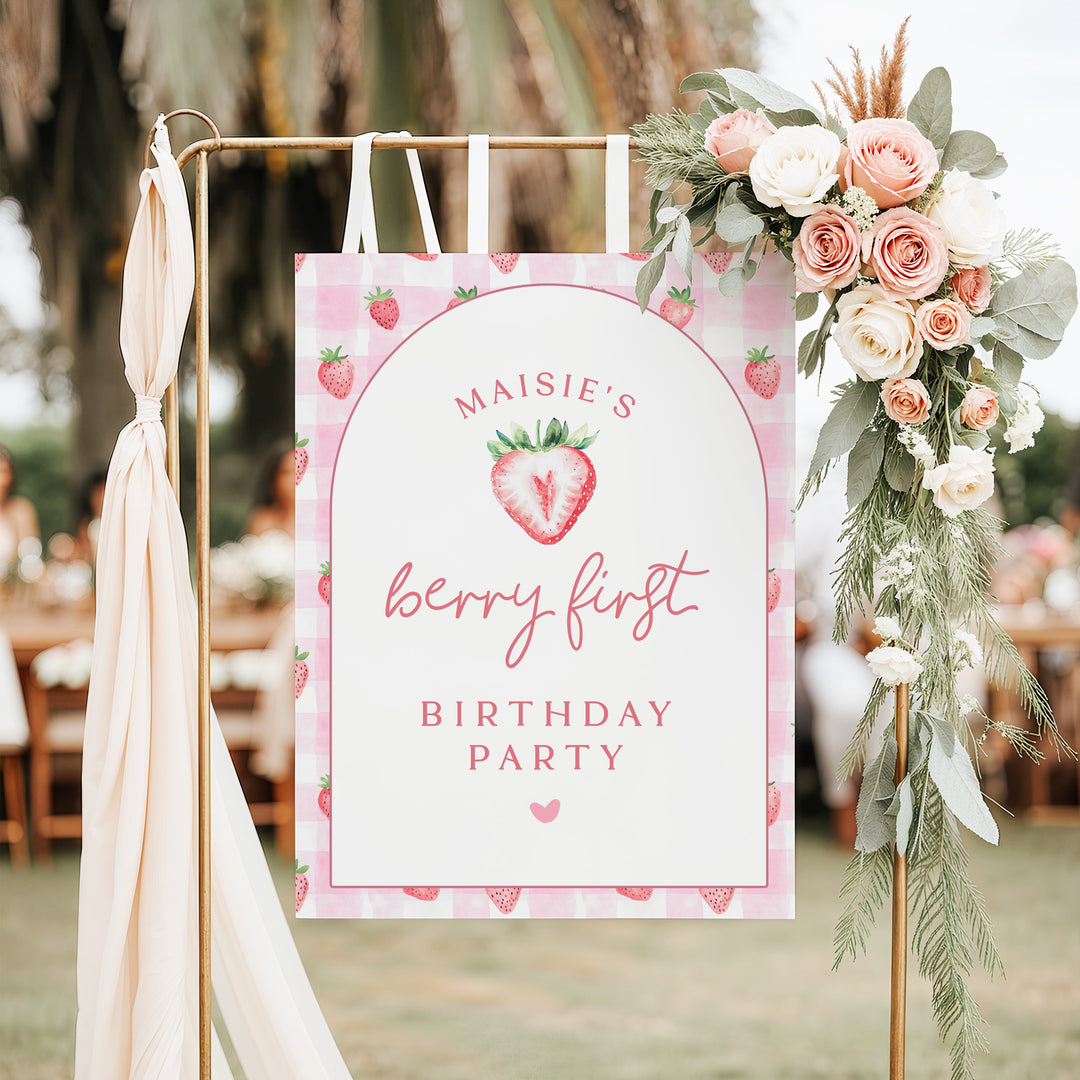 MAISIE Berry First Birthday Strawberry Gingham 1st Birthday Party Welcome Sign