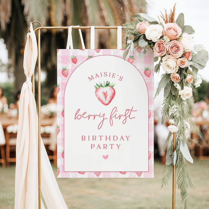 MAISIE Berry First Birthday Strawberry Gingham 1st Birthday Party Welcome Sign