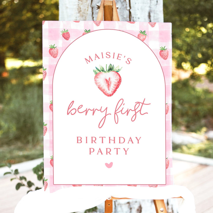 MAISIE Berry First Birthday Strawberry Gingham 1st Birthday Party Welcome Sign