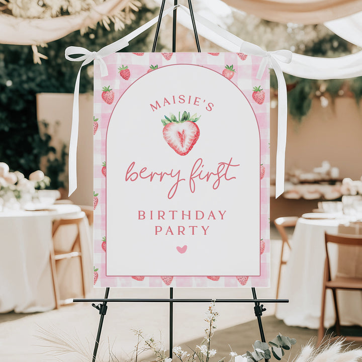MAISIE Berry First Birthday Strawberry Gingham 1st Birthday Party Welcome Sign
