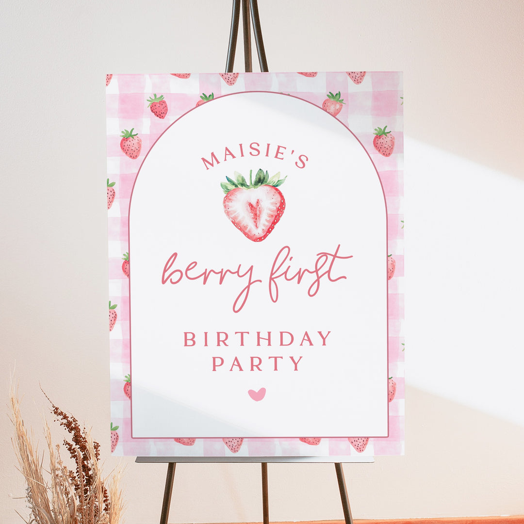 MAISIE Berry First Birthday Strawberry Gingham 1st Birthday Party Welcome Sign