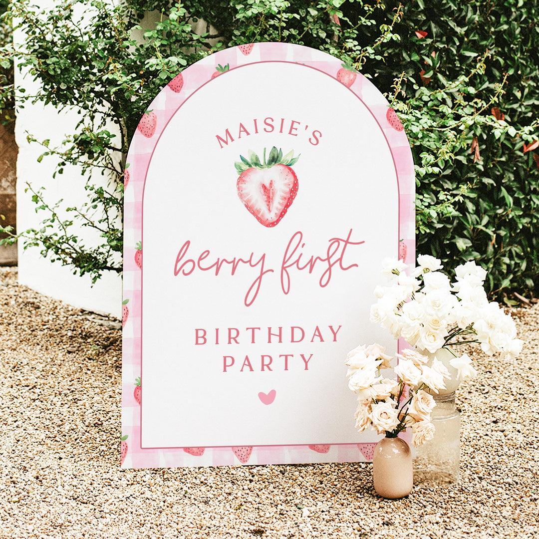 MAISIE Berry First Birthday Strawberry Gingham 1st Birthday Party Welcome Sign