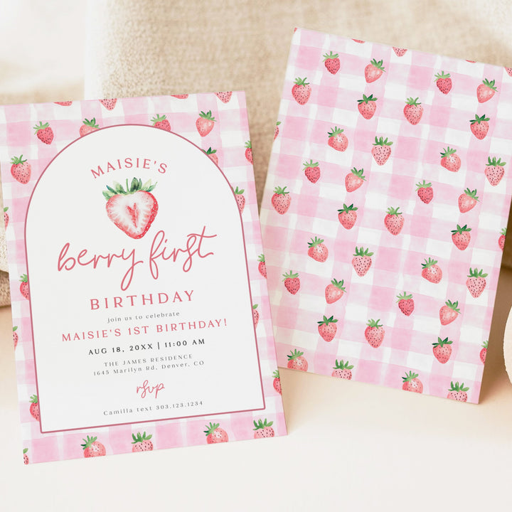 MAISIE Berry First Birthday Strawberry & Pink Gingham First Birthday Party Invitation