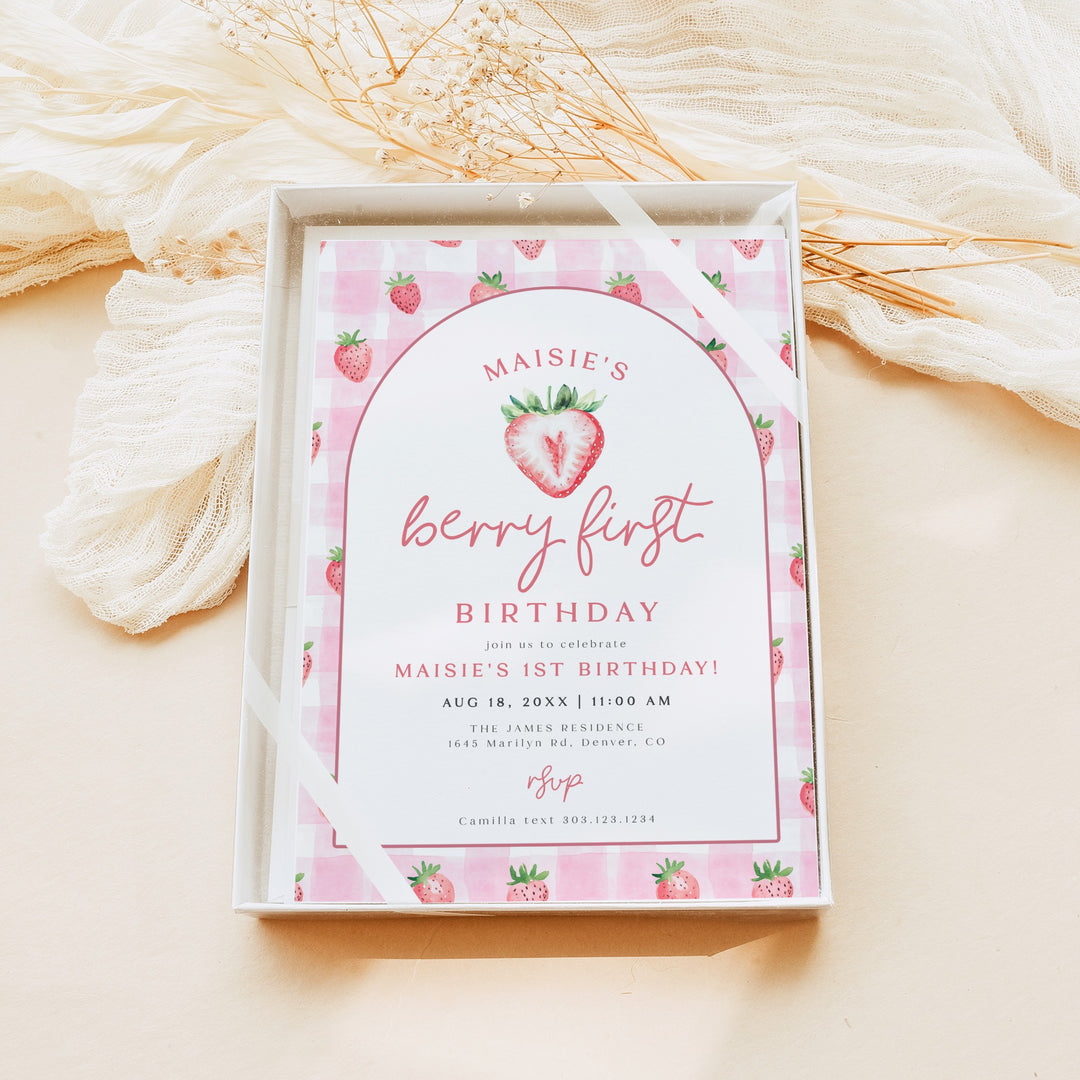MAISIE Berry First Birthday Strawberry & Pink Gingham First Birthday Party Invitation