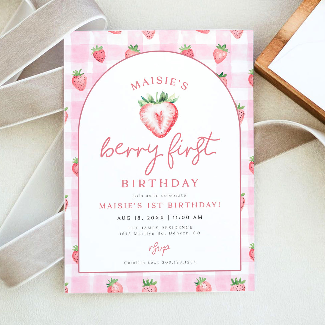 MAISIE Berry First Birthday Strawberry & Pink Gingham First Birthday Party Invitation
