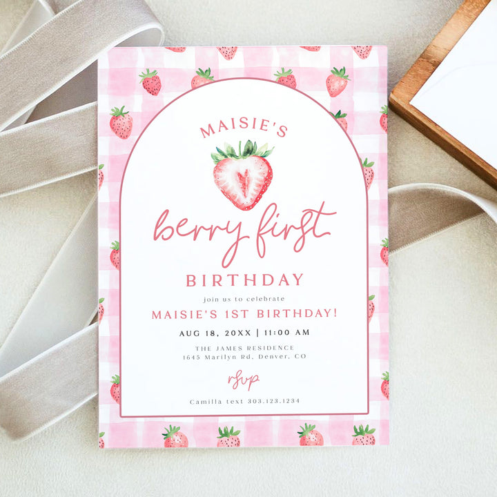 MAISIE Berry First Birthday Strawberry & Pink Gingham First Birthday Party Invitation