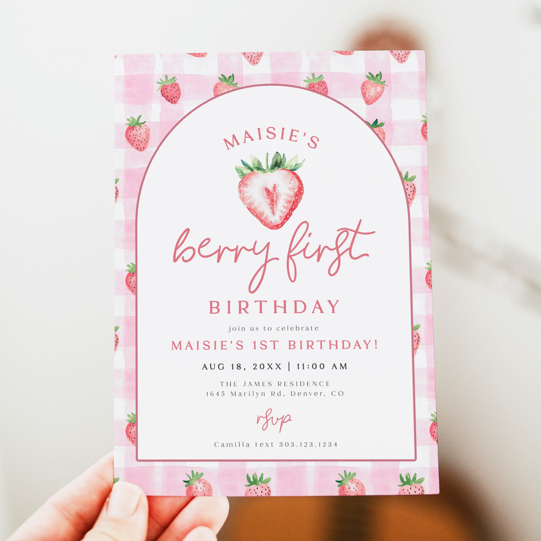 MAISIE Berry First Birthday Strawberry & Pink Gingham First Birthday Party Invitation