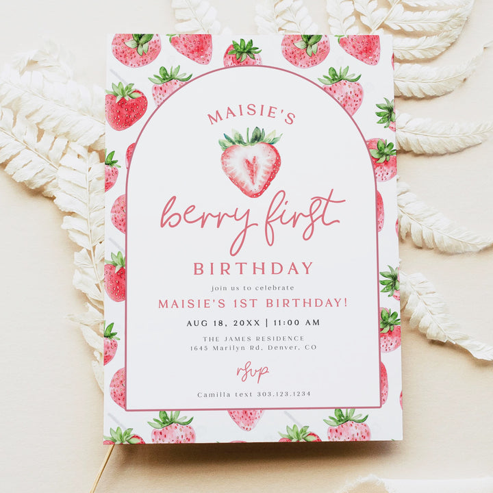 MAISIE Berry First Birthday Strawberry & Pink Gingham First Birthday Party Invitation