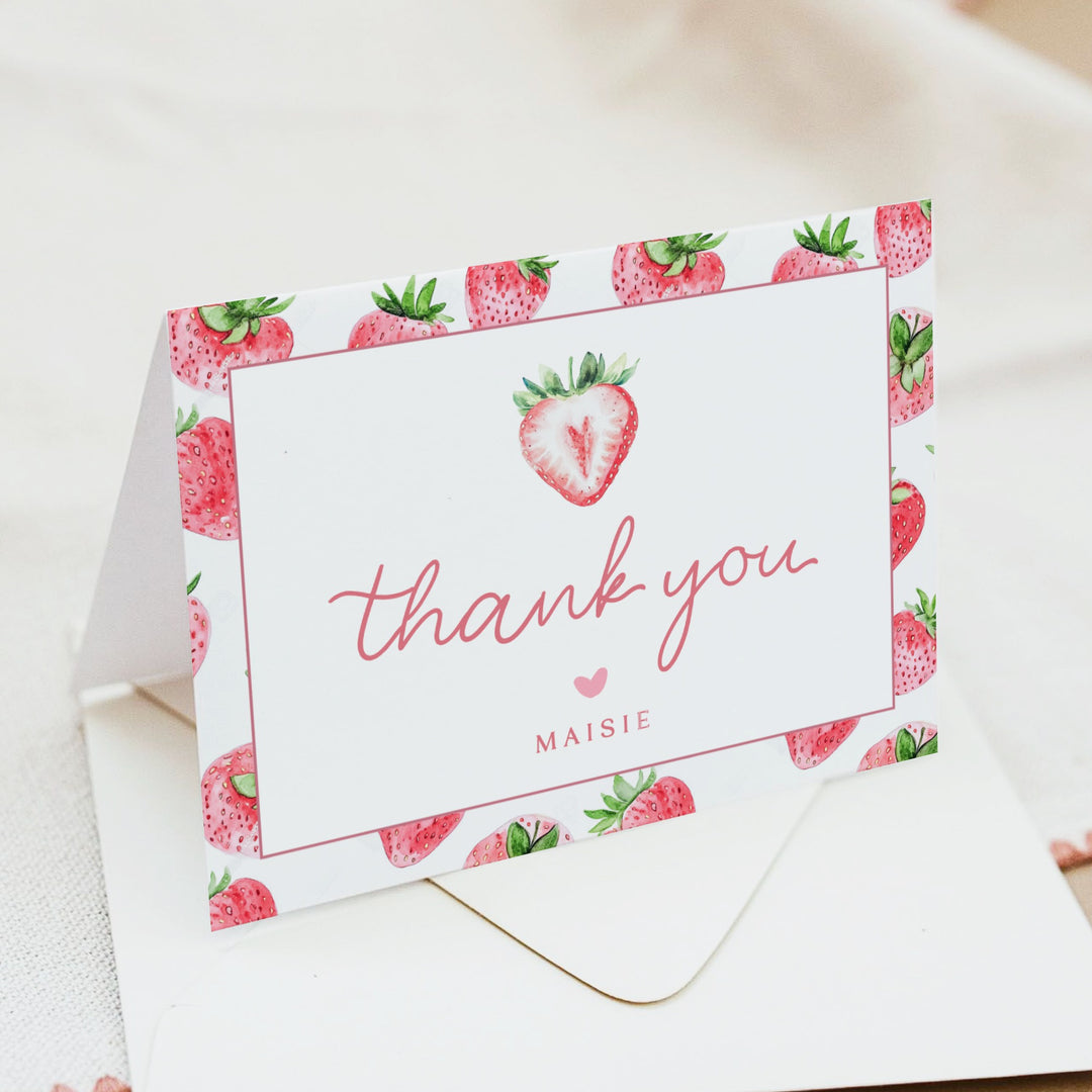 MAISIE Personalized Berry First Birthday Strawberry Thank You Cards with Envelope