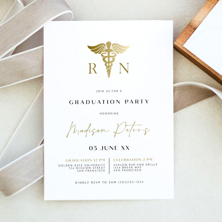 MAEVE Gold Nursing School Graduation Party Invitation