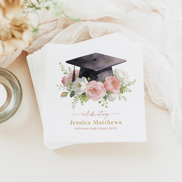 MEREDITH Blush Floral Grad Cap Graduation Party Napkin