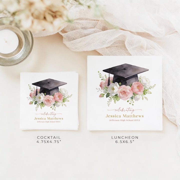MEREDITH Blush Floral Grad Cap Graduation Party Napkin