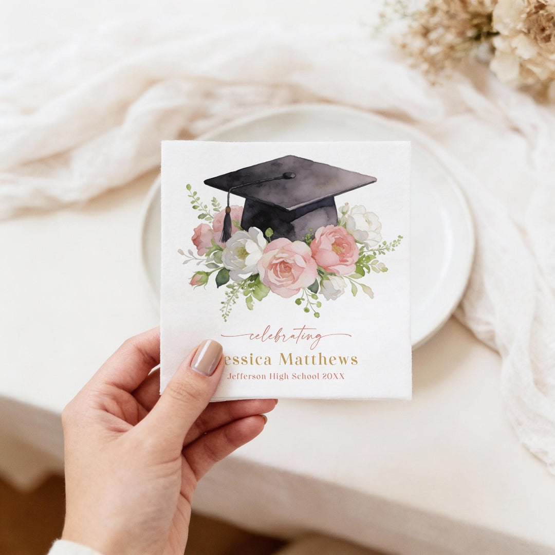MEREDITH Blush Floral Grad Cap Graduation Party Napkin