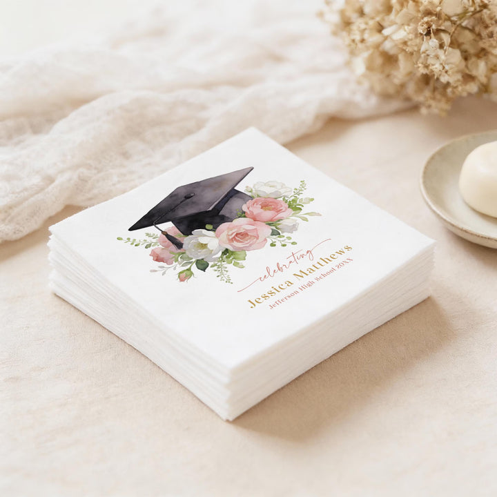 MEREDITH Blush Floral Grad Cap Graduation Party Napkin