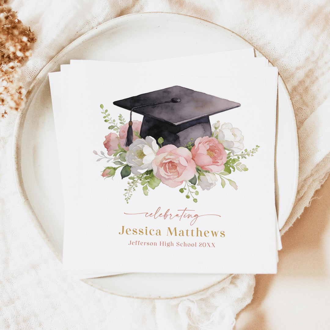 MEREDITH Blush Floral Grad Cap Graduation Party Napkin