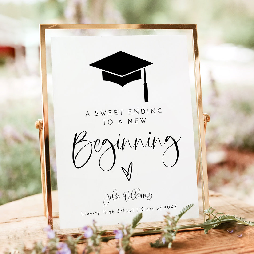 JOLIE Minimalist Black & White New Beginnings Graduation Dessert Table Sign Unframed