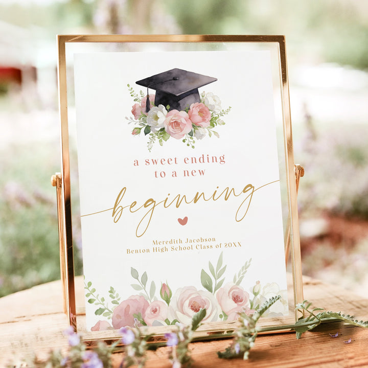 MEREDITH Blush Floral New Beginning Graduation Dessert Table Sign Unframed