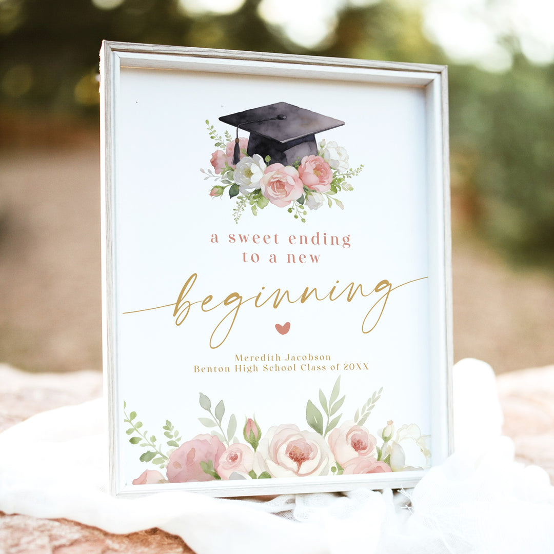 MEREDITH Blush Floral New Beginning Graduation Dessert Table Sign Unframed