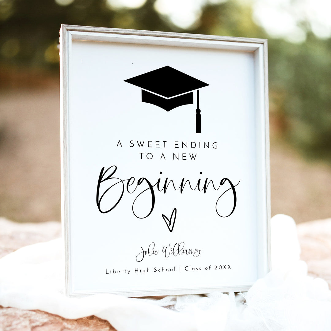 JOLIE Minimalist Black & White New Beginnings Graduation Dessert Table Sign Unframed
