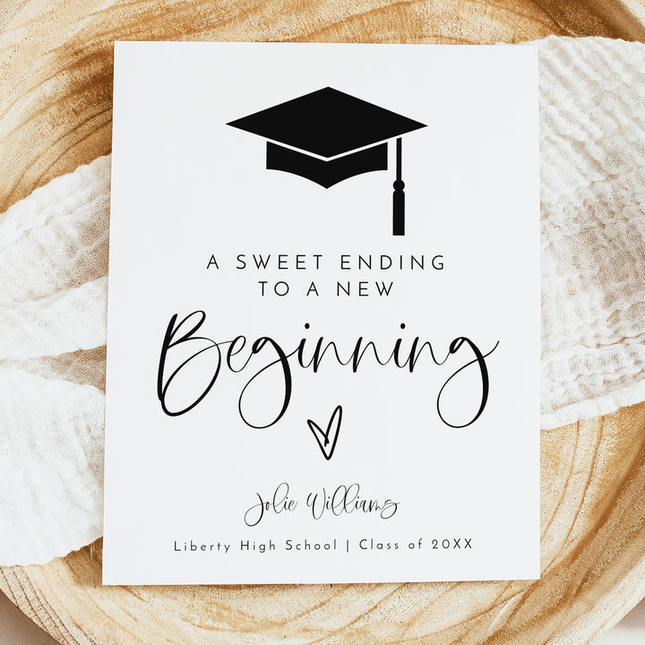 JOLIE Minimalist Black & White New Beginnings Graduation Dessert Table Sign Unframed