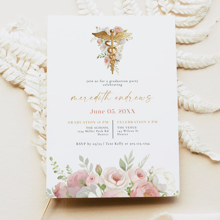 MEREDITH Blush Watercolor Floral Nursing School Graduation Party Invitation