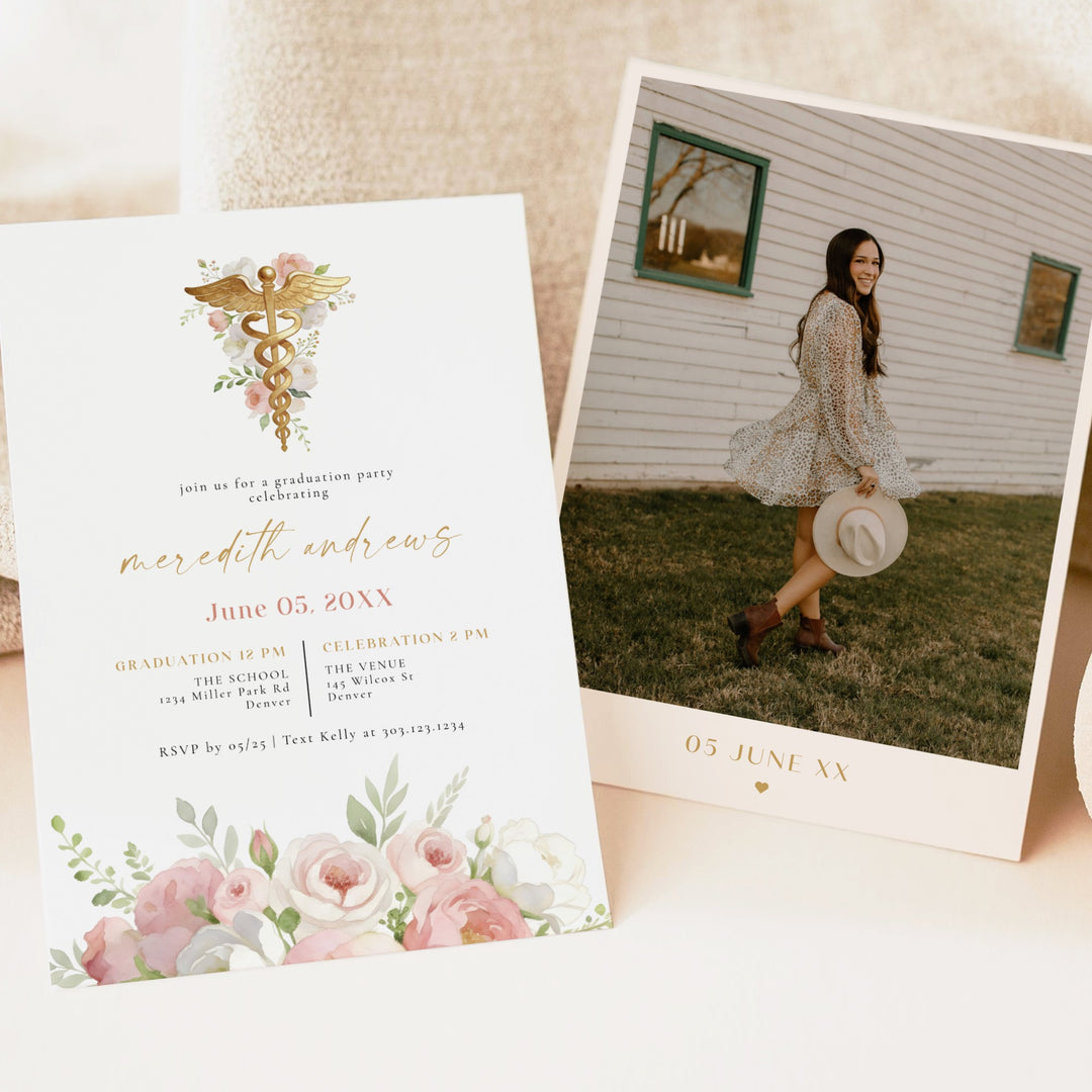 MEREDITH Blush Watercolor Floral Nursing School Graduation Party Invitation
