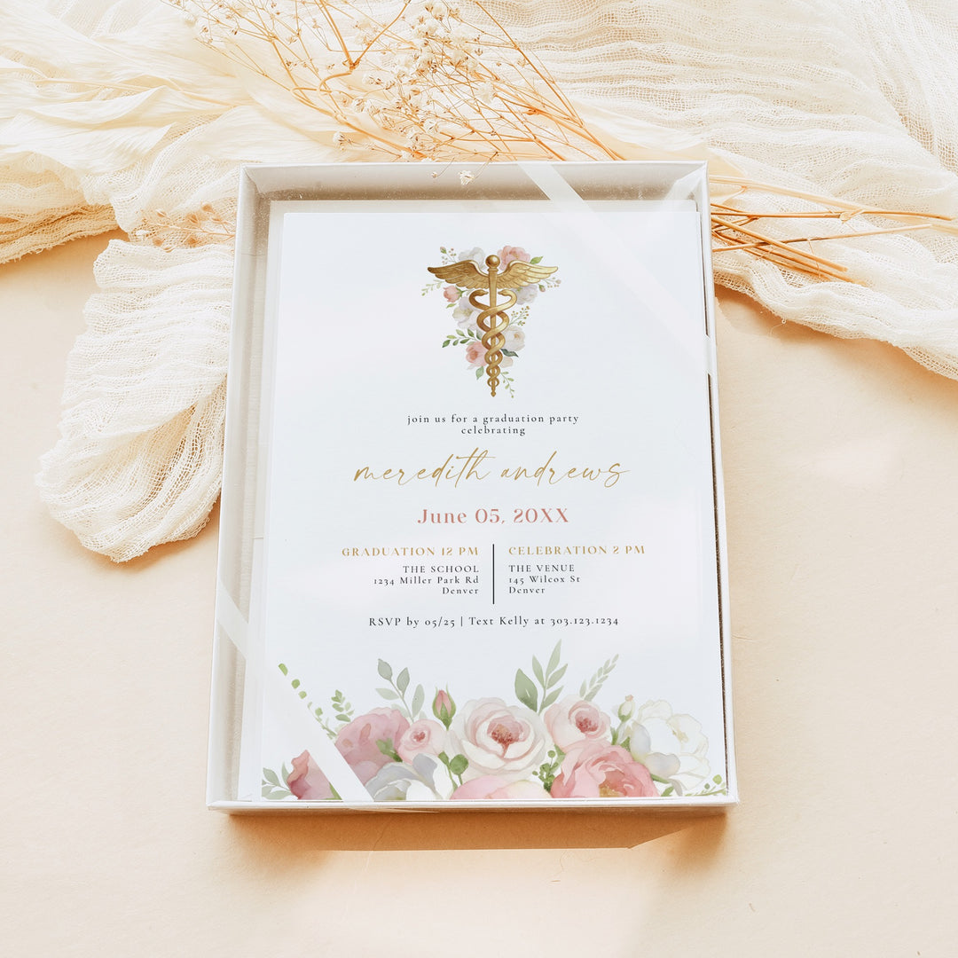 MEREDITH Blush Watercolor Floral Nursing School Graduation Party Invitation
