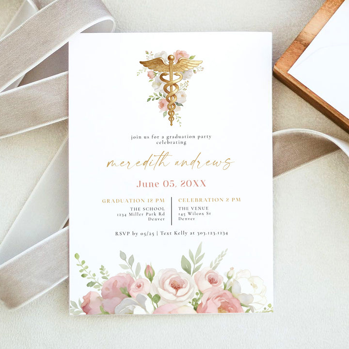 MEREDITH Blush Watercolor Floral Nursing School Graduation Party Invitation
