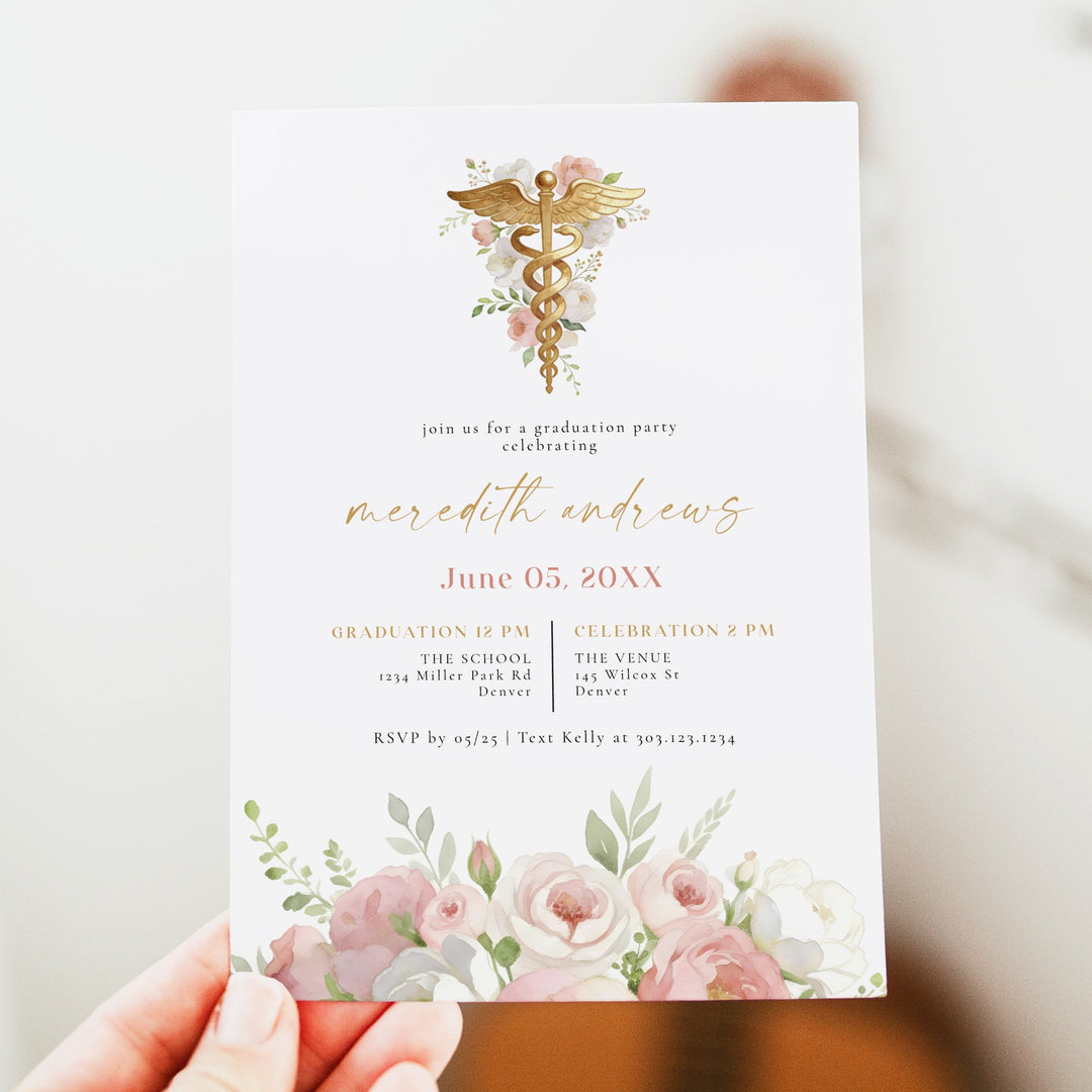 MEREDITH Blush Watercolor Floral Nursing School Graduation Party Invitation