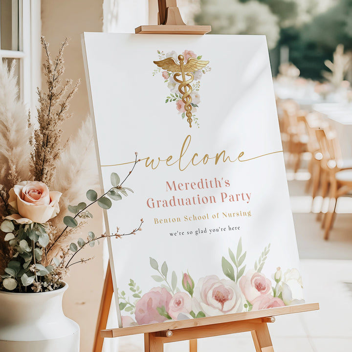 MEREDITH Blush Floral Watercolor Medical Nursing Graduation Welcome Sign