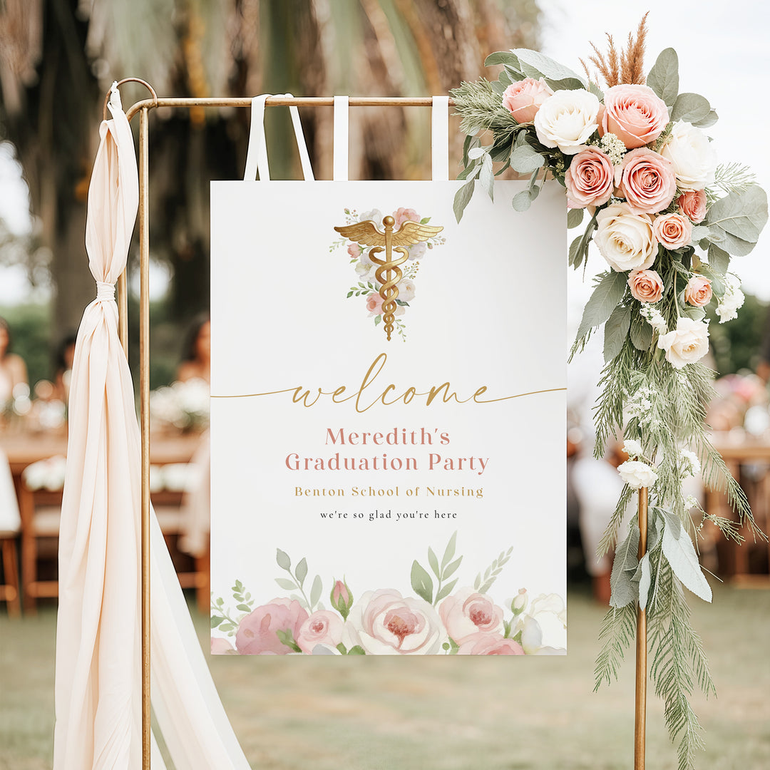 MEREDITH Blush Floral Watercolor Medical Nursing Graduation Welcome Sign