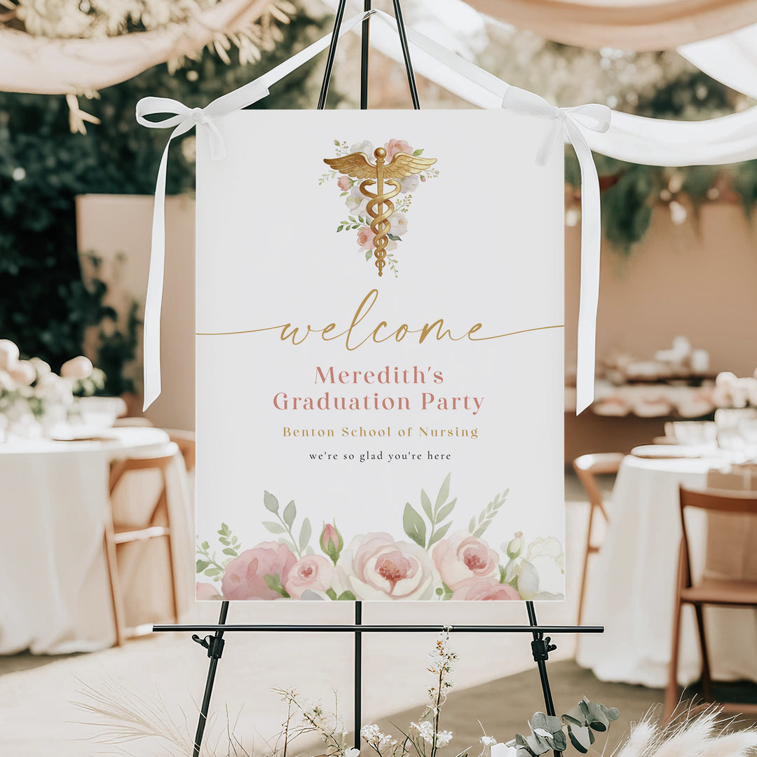 MEREDITH Blush Floral Watercolor Medical Nursing Graduation Welcome Sign